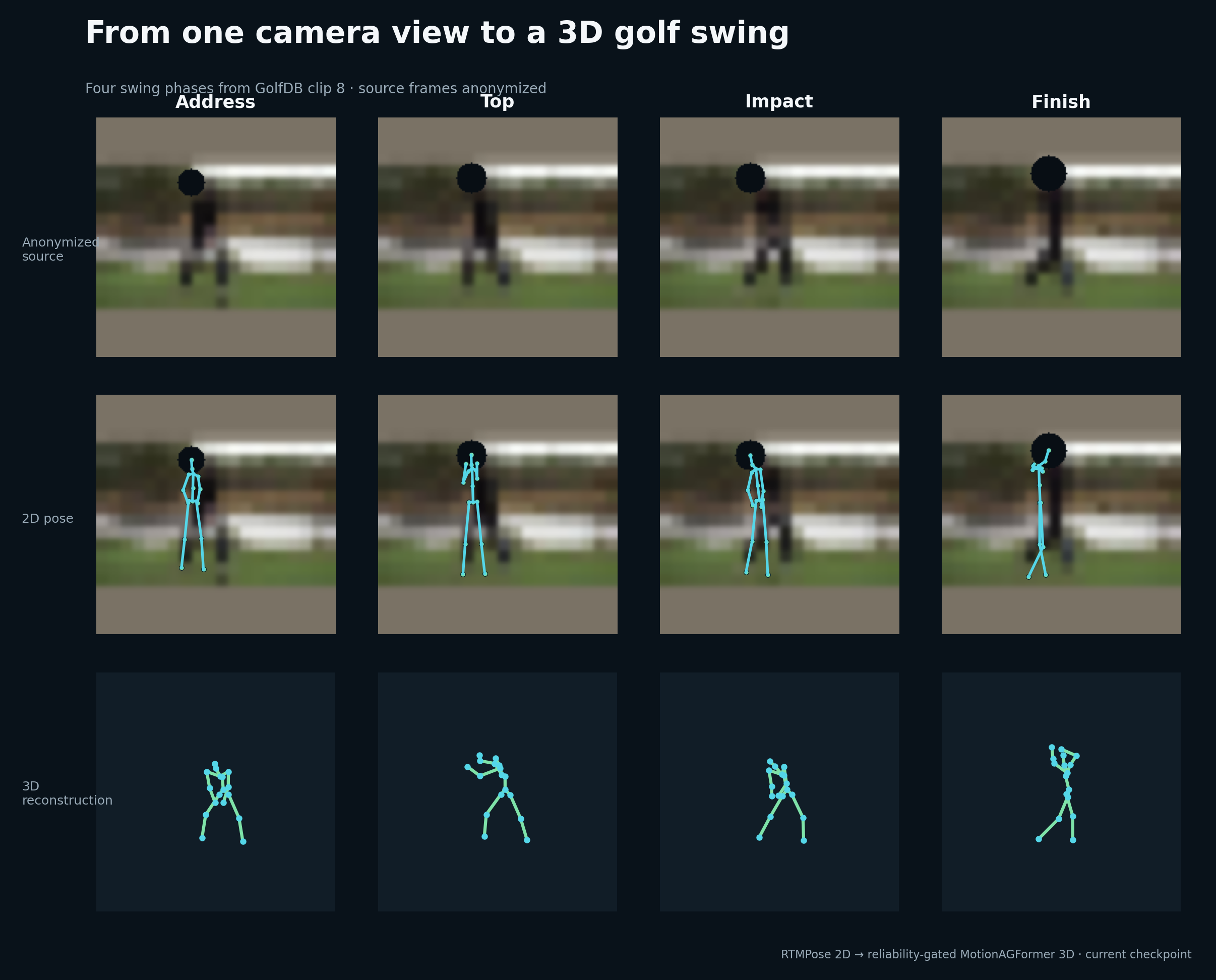 An anonymized four-phase golf swing example showing the source frame, detected 2D joints, and reconstructed 3D skeleton at address, top, impact, and finish